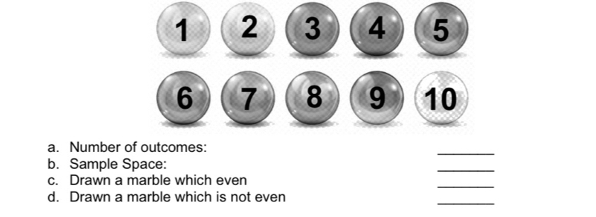 12345
678910
a.   Number of outcomes::
_
_
b.  Sample Space:
_
c.   Drawn a marble which even
d.   Drawn a marble which is not even
_