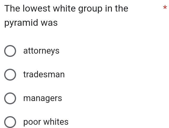 The lowest white group in the
*
pyramid was
attorneys
tradesman
managers
poor whites