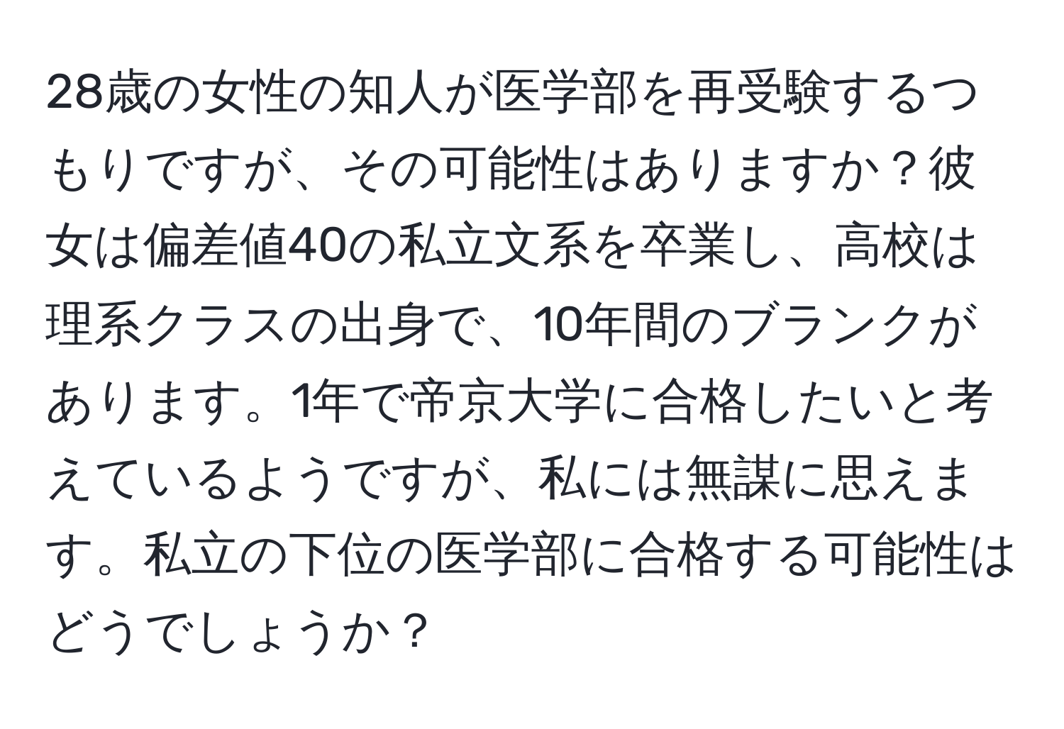 28歳の女性の知人が医学部を再受験するつもりですが、その可能性はありますか？彼女は偏差値40の私立文系を卒業し、高校は理系クラスの出身で、10年間のブランクがあります。1年で帝京大学に合格したいと考えているようですが、私には無謀に思えます。私立の下位の医学部に合格する可能性はどうでしょうか？