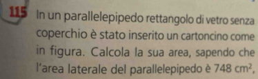 115 In un parallelepipedo rettangolo di vetro senza 
coperchio è stato inserito un cartoncino come 
in figura. Calcola la sua area, sapendo che 
l'area laterale del parallelepipedo è 748cm^2,