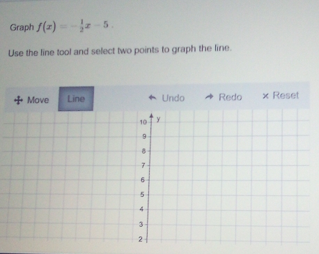 Graph f(x)=- 1/2 x-5. 
Use the line tool and select two points to graph the line. 
Move Line Undo Redo × Reset