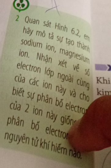 Quan sát Hình 6.2, er 
hãy mô tả sự tạo thành 
sodium ion, magnesium 
ion. Nhận xét về sĩ 
electron lớp ngoài cùng 
Khi 
của các ion này và cho 
kim 
biết sự phân bố electro 
của 2 ion này giống 
phân bố electror 
nguyên tử khí hiếm nào: