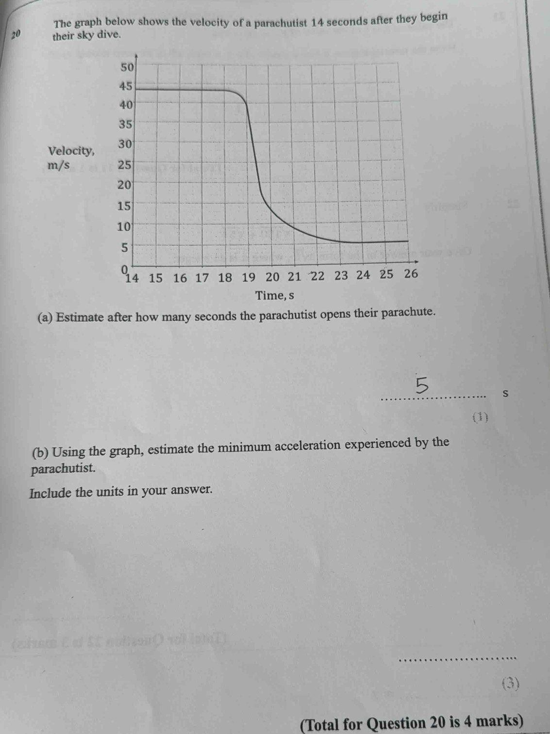 The graph below shows the velocity of a parachutist 14 seconds after they begin
20 their sky dive. 
Velocity,
m/s
, s
(a) Estimate after how many seconds the parachutist opens their parachute. 
_s 
(1) 
(b) Using the graph, estimate the minimum acceleration experienced by the 
parachutist. 
Include the units in your answer. 
_ 
(3) 
(Total for Question 20 is 4 marks)