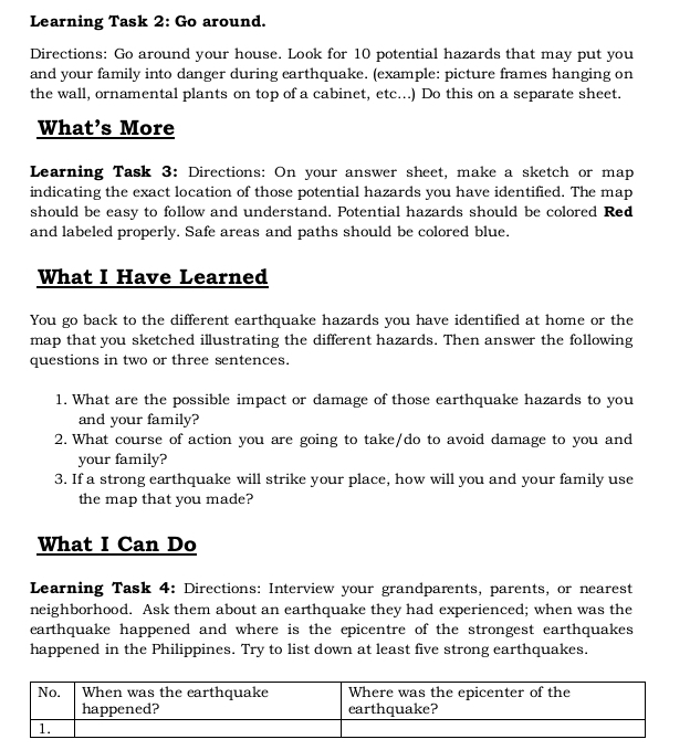 Learning Task 2: Go around. 
Directions: Go around your house. Look for 10 potential hazards that may put you 
and your family into danger during earthquake. (example: picture frames hanging on 
the wall, ornamental plants on top of a cabinet, etc...) Do this on a separate sheet. 
What’s More 
Learning Task 3: Directions: On your answer sheet, make a sketch or map 
indicating the exact location of those potential hazards you have identified. The map 
should be easy to follow and understand. Potential hazards should be colored Red 
and labeled properly. Safe areas and paths should be colored blue. 
What I Have Learned 
You go back to the different earthquake hazards you have identified at home or the 
map that you sketched illustrating the different hazards. Then answer the following 
questions in two or three sentences. 
1. What are the possible impact or damage of those earthquake hazards to you 
and your family? 
2. What course of action you are going to take/do to avoid damage to you and 
your family? 
3. If a strong earthquake will strike your place, how will you and your family use 
the map that you made? 
What I Can Do 
Learning Task 4: Directions: Interview your grandparents, parents, or nearest 
neighborhood. Ask them about an earthquake they had experienced; when was the 
earthquake happened and where is the epicentre of the strongest earthquakes 
happened in the Philippines. Try to list down at least five strong earthquakes.