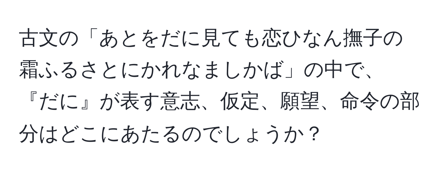 古文の「あとをだに見ても恋ひなん撫子の霜ふるさとにかれなましかば」の中で、『だに』が表す意志、仮定、願望、命令の部分はどこにあたるのでしょうか？