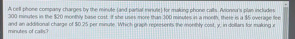 A cell phone company charges by the minute (and partial minute) for making phone calls. Arionna's plan includes
300 minutes in the $20 monthly base cost. If she uses more than 300 minutes in a month, there is a $5 overage fee 
and an additional charge of $0.25 per minute. Which graph represents the monthly cost, y, in dollars for making x
minutes of calls?