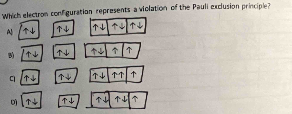 Which electron configuration represents a violation of the Pauli exclusion principle? 
A) 
B) 
C) 
D)