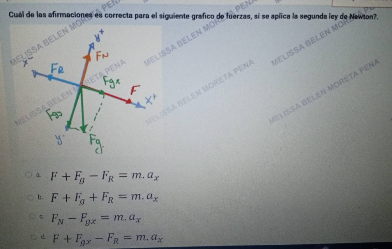 Cuál de las afirmaciones es correcta para el siguiente grafico de fuerzas, sí se aplica la segunda ley de Newton?.
FN

ELİSSÁ BELEN MORÉTÁ PEN MeLISSä Bí
ELISSA BELEN MORETA PEN
a. F+F_g-F_R=m.a_x
b. F+F_g+F_R=m.a_x
C. F_N-F_gx=m.a_x
d. F+F_gx-F_R=m.a_x