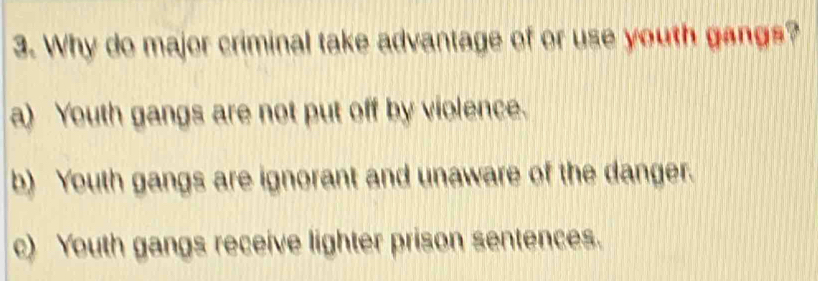 Why do major criminal take advantage of or use youth gangs?
a) Youth gangs are not put off by violence.
b) Youth gangs are ignorant and unaware of the danger.
c) Youth gangs receive lighter prison sentences.