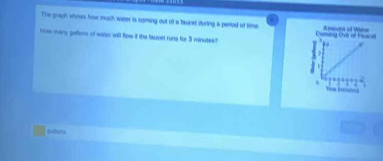 The graph shows how much water is coming out of a faucet during a period of time. Amount of Wister 
How many gallons of water will flow if the faucet runs for 3 minutes? 
Coming Out of Faucet 
,B 
Time (minutos) 
gations