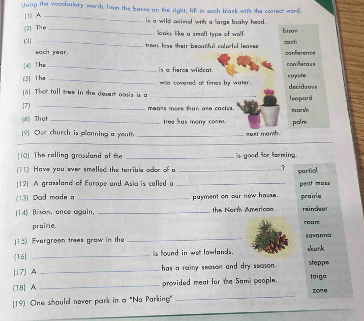 Using the vocabulary words from the boxes on the right, fill in each blank with the correct word.
(1) A _is a wild animal with a large bushy head.
(2) The _bison
looks like a small type of wolf.
(3) _trees lose their beautiful colorful leaves cacti
each year. conference
(4) The _coniferous
is a fierce wildcat.
coyote
(5) The _was covered at times by water. deciduous
(6) That tall tree in the desert oasis is a_
. leopard
(7) _means more than one cactus. marsh
(8) That _tree has many cones. palm
(9) Our church is planning a youth_
next month.
_
(10) The rolling grassland of the _is good for farming.
(11) Have you ever smelled the terrible odor of a_
? partial
(12) A grassland of Europe and Asia is called a _, peat moss
(13) Dad made a _payment on our new house. prairie
(14) Bison, once again, _the North American reindeer
prairie. roam
(15) Evergreen trees grow in the _savanna
(16) _is found in wet lowlands. skunk
(17) A _has a rainy season and dry season. steppe
_
(18)A _provided meat for the Sami people. taiga
zone
(19) One should never park in a “No Parking”
.