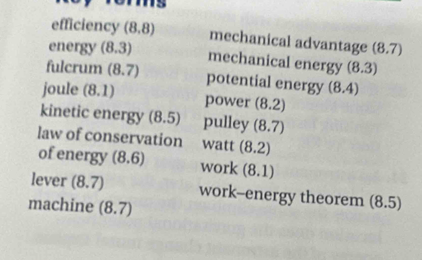 ms 
efficiency (8,8) mechanical advantage 
energy (8.3) (8.7)
mechanical energy (8.3)
fulcrum (8.7) potential energy (8.4)
joule (8.1) power (8.2)
kinetic energy (8.5) pulley (8.7)
law of conservation watt (8.2)
of energy (8.6)
work (8.1)
lever (8.7) work--energy theorem (8.5)
machine (8.7)