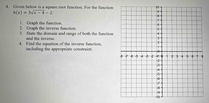 Given below is a square root function. For the function
h(x)=3sqrt(x-4)-2
1. Graph the function. 
2. Graph the inverse function. 
3. State the domain and range of both the function 
and the inverse. 
4. Find the equation of the inverse function, 
including the appropriate constraint.