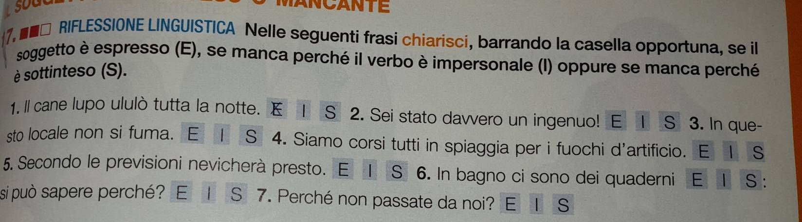 sou 
MANCANTE 
7. ■■□ RIFLESSIONE LINGUISTICA Nelle seguenti frasi chiarisci, barrando la casella opportuna, se il 
soggetto è espresso (E), se manca perché il verbo è impersonale (I) oppure se manca perché 
è sottinteso (S). 
1. Il cane lupo ululò tutta la notte. E I S 2. Sei stato davvero un ingenuo! E l S 3. In que- 
sto locale non si fuma. E S 4. Siamo corsi tutti in spiaggia per i fuochi d'artificio. E 1 S 
5. Secondo le previsioni nevicherà presto. E 1 S 6. In bagno ci sono dei quaderni E 1 S : 
si può sapere perché? E I S 7. Perché non passate da noi? E I S