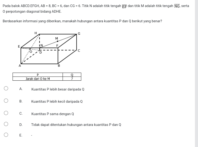 Pada balok ABCD. EFGH, AB=8, BC=6 , dan CG=6. Titik N adalah titik tengah overline EF dan titik M adalah titik tengah overline NG , serta
O perpotongan diagonal bidang ADHE.
Berdasarkan informasi yang diberikan, manakah hubungan antara kuantitas P dan Q berikut yang benar?
A. Kuantitas P lebih besar daripada Q
B. Kuantitas P lebih kecil daripada Q
C. Kuantitas P sama dengan Q
D. Tidak dapat ditentukan hubungan antara kuantitas P dan Q
E.