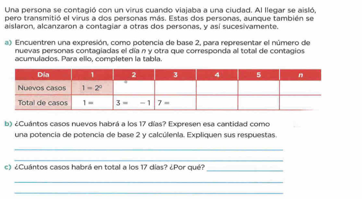 Una persona se contagió con un virus cuando viajaba a una ciudad. Al llegar se aisló,
pero transmitió el virus a dos personas más. Estas dos personas, aunque también se
aislaron, alcanzaron a contagiar a otras dos personas, y así sucesivamente.
a) Encuentren una expresión, como potencia de base 2, para representar el número de
nuevas personas contagiadas el día n y otra que corresponda al total de contagios
acumulados. Para ello, completen la tabla.
b) ¿Cuántos casos nuevos habrá a los 17 días? Expresen esa cantidad como
una potencia de potencia de base 2 y calcúlenla. Expliquen sus respuestas.
_
_
c) ¿Cuántos casos habrá en total a los 17 días? ¿Por qué?_
_
_