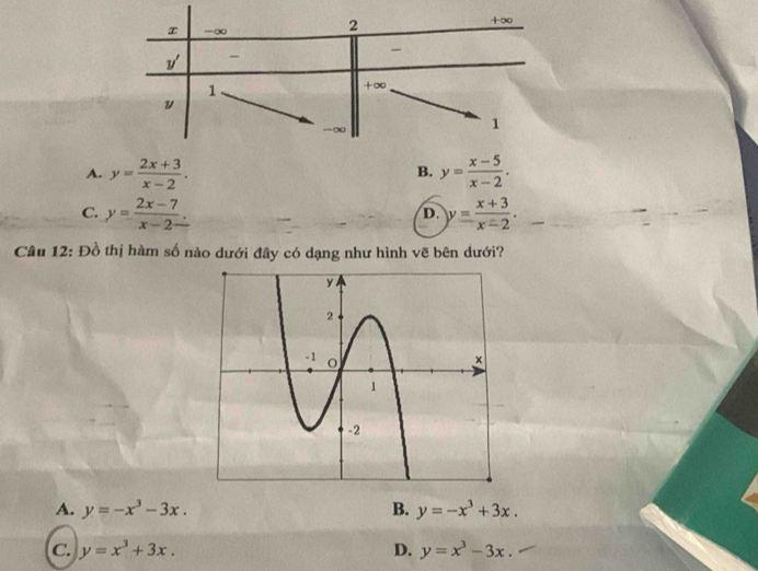 A. y= (2x+3)/x-2 . y= (x-5)/x-2 .
B.
C. y= (2x-7)/x-2 . y= (x+3)/x-2 .
D.
Câu 12: Đồ thị hàm số nào dưới đây có dạng như hình vẽ bên dưới?
A. y=-x^3-3x. B. y=-x^3+3x.
C. y=x^3+3x. D. y=x^3-3x.