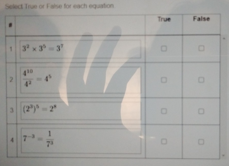 Select True or False for each equation