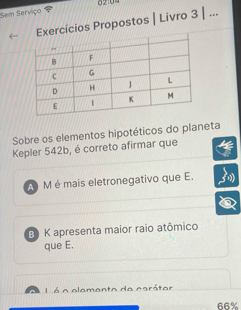 Sem Serviço 02:04 
ercícios Propostos | Livro 3 | ...
Sobre os elementos hipotéticos do planeta
Kepler 542b, é correto afirmar que
A) M émais eletronegativo que E.
B) K apresenta maior raio atômico
que E.
L é o elemento de caráter
66%