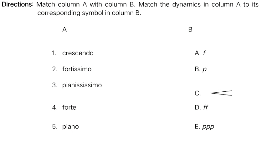 Directions: Match column A with column B. Match the dynamics in column A to its
corresponding symbol in column B.
A
B
1. crescendo A. f
2. fortissimo B. p
3. pianississimo
C.
4.forte D. ff
5. piano E. ppp