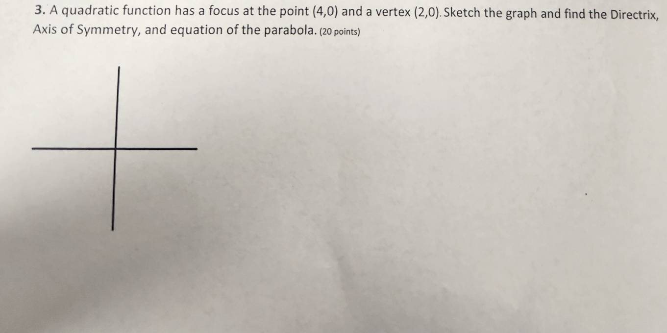 A quadratic function has a focus at the point (4,0) and a vertex (2,0). Sketch the graph and find the Directrix, 
Axis of Symmetry, and equation of the parabola. (20 points)