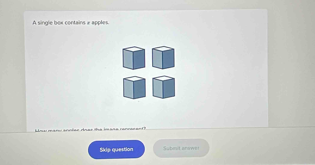 A single box contains x apples. 
How many apples does the image represent? 
Skip question Submit answer