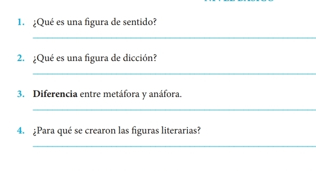 ¿Qué es una figura de sentido? 
_ 
2. ¿Qué es una figura de dicción? 
_ 
3. Diferencia entre metáfora y anáfora. 
_ 
4. ¿Para qué se crearon las figuras literarias? 
_