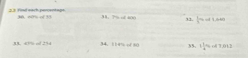 2.3 Find each percentage. 
30. 60% of 55 31、 7% of 400 32.  1/5 % of 1,640
33. 45% of 254 34.114% of 80 35. 1 1/4 % c° 7,012