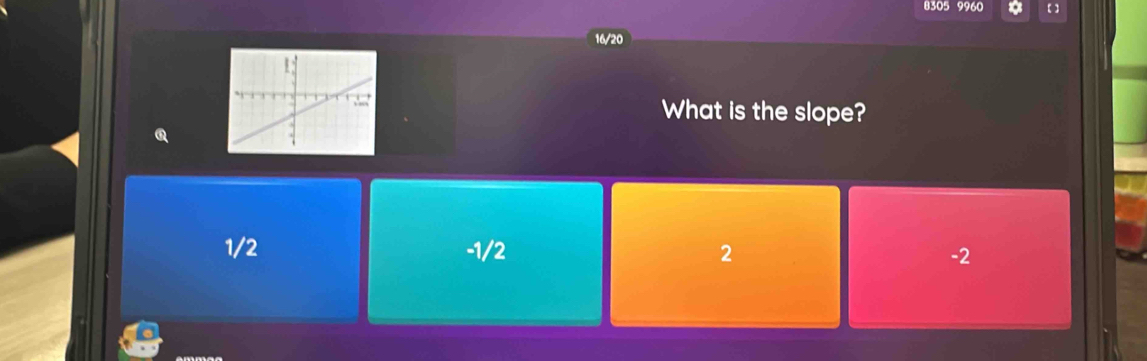 8305 9960 【】
16/20
What is the slope?
1/2 -1/2 2 -2