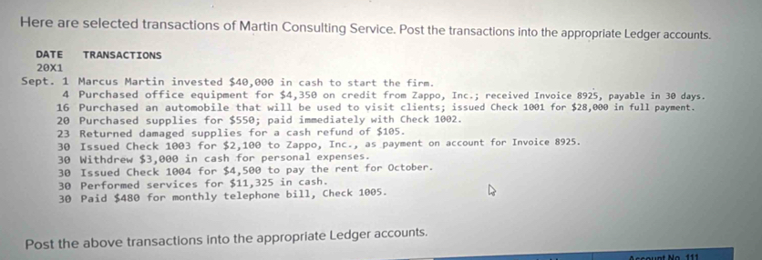 Here are selected transactions of Martin Consulting Service. Post the transactions into the appropriate Ledger accounts. 
DATE TRANSACTIONS 
20x1 
Sept. 1 Marcus Martin invested $40,000 in cash to start the firm. 
4 Purchased office equipment for $4,350 on credit from Zappo, Inc.; received Invoice 8925, payable in 30 days. 
16 Purchased an automobile that will be used to visit clients; issued Check 1001 for $28,000 in full payment. 
20 Purchased supplies for $550; paid immediately with Check 1002. 
23 Returned damaged supplies for a cash refund of $105. 
30 Issued Check 1003 for $2,100 to Zappo, Inc., as payment on account for Invoice 8925. 
30 Withdrew $3,000 in cash for personal expenses. 
30 Issued Check 1004 for $4,500 to pay the rent for October. 
30 Performed services for $11,325 in cash. 
30 Paid $480 for monthly telephone bill, Check 1005. 
Post the above transactions into the appropriate Ledger accounts.