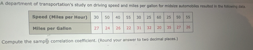 A department of transportation's study on driving speed and miles per gallon for midsize automobiles resulted in the following data. 
Compute the sample correlation coefficient. (Round your answer to two decimal places.)