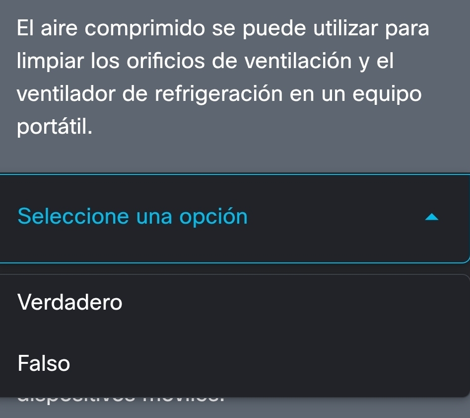 El aire comprimido se puede utilizar para
limpiar los orificios de ventilación y el
ventilador de refrigeración en un equipo
portátil.
Seleccione una opción
Verdadero
Falso