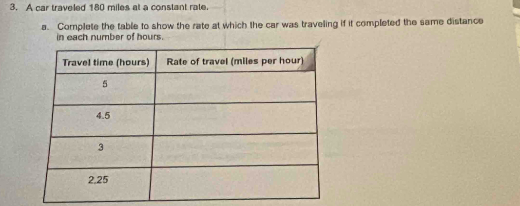 A car traveled 180 miles at a constant rate, 
a. Complete the table to show the rate at which the car was traveling if it completed the same distance 
in each number of hours.