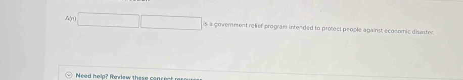 □ 
A(n)| □  is a government relief program intended to protect people against economic disaster. 
Need help? Review these concent rec