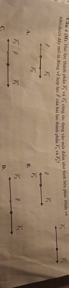 Hai lực thành phần vector F_1 và vector F_2 cùng tác dụng vào một điểm như hình bên phải. Hình voverline e vector F_2 vector F_1
nào dưới đây mô tả đúng về hợp lực vector F của hai lực thành phần vector F_1 và vector F_2 ?
vector F vector F_1
vector F vector F_1
vector F_2
vector F_2
A.
B.
vector F_2 vector F vector F_1 vector F_2 vector F vector F_1
C.
D.