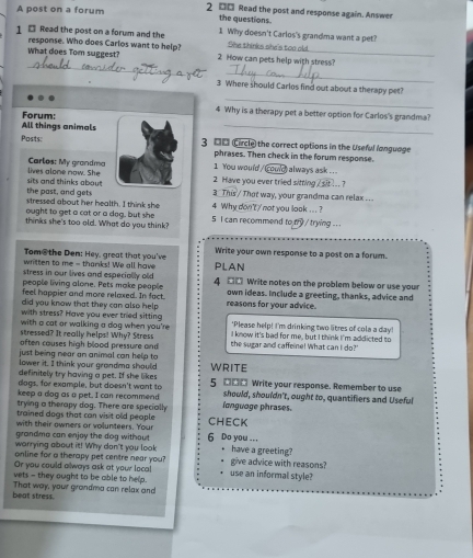 A post on a forum 2 □£ Read the post and response again. Answer
the questions.
1 □ Read the post on a forum and the 1 Why doesn't Carlos's grandma want a pet?
response. Who does Carlos want to help? She thinks she's too old.
_
What does Tom suggest? 2 How can pets help with stress?
_
_
3 Where should Carlos find out about a therapy pet?
_
4 Why is a therapy pet a better option for Carlos's grandma?
All things animals Forum:
Posts: 3 00 Circle) the correct options in the Useful language
phrases. Then check in the forum response.
lives alone now. She  Carlos: My grandma 2 Have you ever tried sifting 1 You would / could) always ask ...
7sit..
the past, and gets sits and thinks about 3 This / That way, your grandma can relax ... . 7
stressed about her health. I think she
ought to get a cat or a dog, but she 4 Why do't ? not you look ... ?
thinks she's too old. What do you think? 5 I can recommend to try / trying . 
Tom the Den: Hey, great that you've Write your own response to a post on a forum.
written to me - thanks! We all have
stress in our lives and especially old PLAN
people living alone. Pets make people 4 □□ Write notes on the problem below or use your
feel happier and more relaxed. In fact. own ideas. Include a greeting, thanks, advice and
did you know that they can also help . reasons for your advice.
with stress? Have you ever tried sitting
with a cat or walking a dog when you're "Please help! I'm drinking two litres of cola a day!
stressed? It really helps! Why? Stress I know it's bad for me, but I think I'm addicted to
often causes high blood pressure and the sugar and caffeine! What can I do?'
just being near an animal can help to 
lower it. I think your grandma should WRITE
definitely try having a pet. If she likes 5  Write your response. Remember to use
dogs. for example, but doesn't want to
keep a dog as a pet. I can recommend should, shouldn't, ought to, quantifiers and Useful
trying a therapy dog. There are specially language phrases.
trained dags that can visit old people .
with their owners or volunteers. Your CHECK
grandma can enjoy the dog without 6 Do you .. .
worrying about it! Why don't you look have a greeting?
online for a therapy pet centre near you? give advice with reasons?
Or you could always ask at your loca!
vets - they ought to be able to help. use an informal style?
beat stress. That way, your grandma can relax and