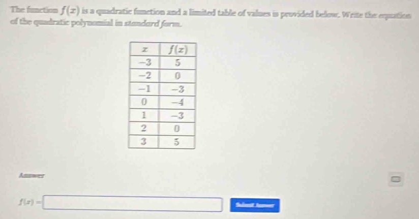 The function f(x) is a quadratic function and a limited table of values is provided below. Write the equation
of the quadratic polynamial in standord form.
Anawes
f(x)=□ Salismit Amer