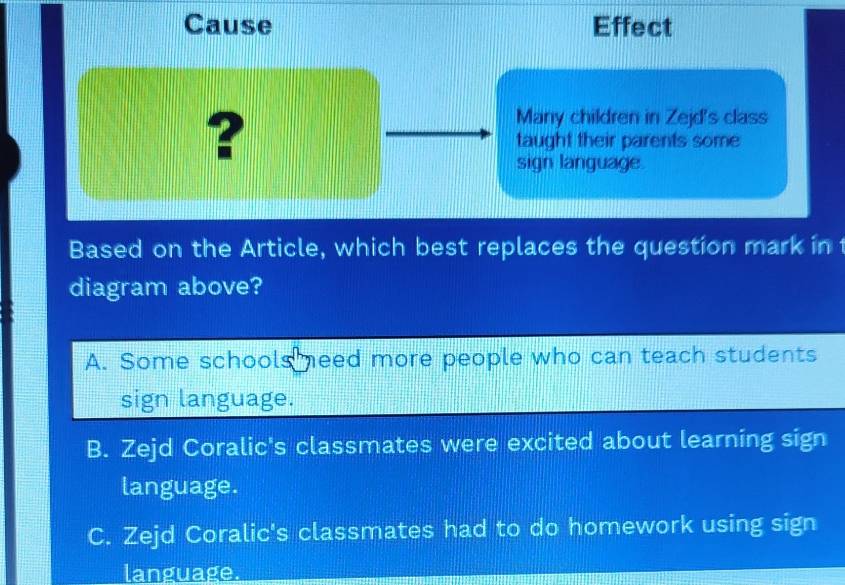 Cause Effect
Many children in Zejd's class
? taught their parents some
sign language.
Based on the Article, which best replaces the question mark in 
diagram above?
A. Some schools meed more people who can teach students
sign language.
B. Zejd Coralic's classmates were excited about learning sign
language.
C. Zejd Coralic's classmates had to do homework using sign
language.