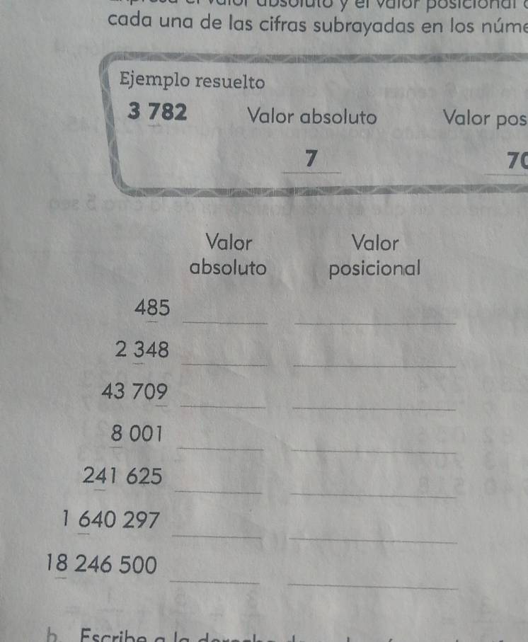 to y er valor posicionar . 
cada una de las cifras subrayadas en los núme 
Ejemplo resuelto 
3 782 Valor absoluto Valor pos
7
70
Valor Valor 
absoluto posicional 
_ 
_
485
_ 
_ 
2 348
_ 
_
43 709
_ 
_
8 001
_ 
_
241 625
_ 
_
1 640 297
_ 
_
18 246 500