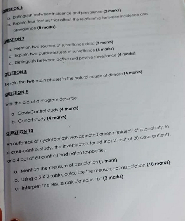 Distinguish between incidence and prevalence (2 marks) 
b. Explain four factors that affect the relationship between incidence and 
prevalence (8 marks). 
QUESTION 7 
a. Mention two sources of surveiliance data (2 marks) 
b. Explain two purposes/uses of surveillance (4 marks) 
c. Distinguish between active and passive surveillance (4 marks) 
QUESTION 8 
Explain the two main phases in the natural course of disease (4 marks) 
QUESTION 9 
With the aid of a diagram describe 
a. Case-Control study (4 marks) 
b. Cohort study (4 marks) 
QUESTION 10 
An outbreak of cyclosporiasis was detected among residents of a local city. In 
a case-control study, the investigators found that 21 out of 30 case patients, 
and 4 out of 60 controls had eaten raspberries. 
a. Mention the measure of association (1 mark) 
b. Using a 2* 2 table, calculate the measures of association (10 marks) 
c. Interpret the results calculated in ''b'' (3 marks)