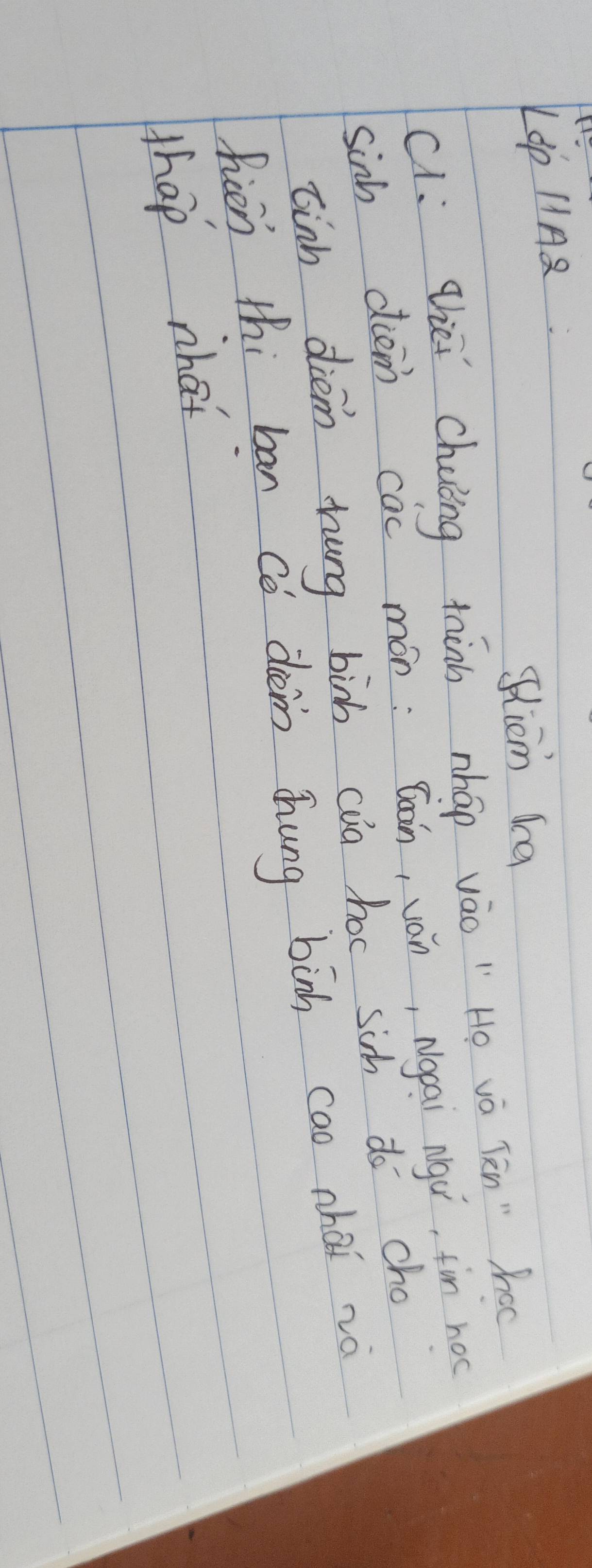 LOp 1A8. 
Sicm a 
ci thiei chaing thinn nháp vào " He và lèn" o 
sinh diem cac món: Bon, ván, Ngcai Ngú, fin hoo 
tinh diem hung bish cua hoc sih do cho 
fien thi ban co don Zhung binh cao nhai nà 
hap what