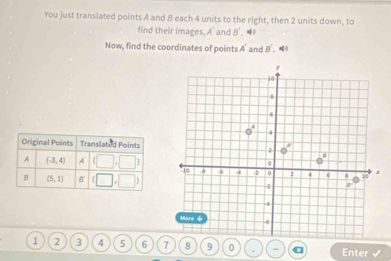 You just translated points A and B each 4 units to the right, then 2 units down, to
find their images, A' and B'.
Now, find the coordinates of points A' and B',4)
Original Points Translated Points
A (-3,4) A' (□ ,□ )
B (5,1) B' (□ ,□
1 2 3 4 5 6 7 8 9 0 - x Enter