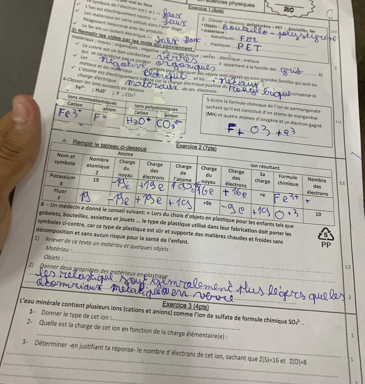 sciences physiques 20
é pâr vrai au faux Exercice 1 (8pts)
Le symbole de l'électron est (- e ) →,
L'ion est électriquement neutre →
Les matériaux en verre utilisés dans l'emi Illage * matériaux :
2- Classer ci-dessous :polystyrène - PET - bouteille fer
Réagissent beaucoup avec les produits -
Objets :..
Le fer est un isolant électrique ←
3) Remplir les vides par les mots qui conviennent :_
- Métalliques
- Plastiques:
matériaux ; noyau ; organiques ; négative ; gris; rouge brique ; verres ; électrique ; métaux
Le cuivre est un bon conducteur
qui se caractérise par sa çouleur .
Les ..
il appartient à la famille des
métaux et les matériaux
2
eu utilisés pour fabriquer des objets sont classés en trois grandes familles qui sont les
charge électrique .
L'atome est électriquement neutre car la charge électrique positive du
et les ....  
_
4-Classer les ions suivants en dessous
de ses électrons.
Fe^3; H₃O* 22;F;C
_compense la
Ions monoatomiques Ions polyatomiques
5-Ecrire la formule chimique de l’ion de permanganate
anion Cation
sachant qu'il est constitué d'un atome de manganèse
1+1
_
Cation anion (Mn) et quatre atomes d'oxygène et un électron gagné
rication doit porter les
que est sûr et supporte des matières chaudes et froides sans PP
décomposition et sans aucun risque pour la santé de l'enfant.
1) Relever de ce texte un matériau et quelques objets :
Matériau : :
Objets :_
1,5
_
_
2) Donner deux propriétés des matériaux en plastique
_
_
_
2
Exercice 3 (4pts)
L’eau minérale contient plusieurs ions (cations et anions) comme l’ion de sulfate de formule chimique SO_4^(2-).
1- Donner le type de cet ion :
_
2- Quelle est la charge de cet ion en fonction de la charge élémentaire(e) :
1
_
_3- Déterminer -en justifiant ta réponse- le nombre d'électrons de cet ion, sachant que Z(S)=16 et Z(O)=8
1
_