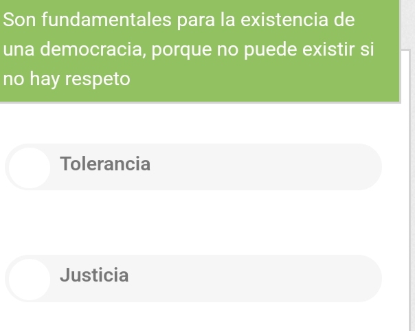 Son fundamentales para la existencia de
una democracia, porque no puede existir si
no hay respeto
Tolerancia
Justicia