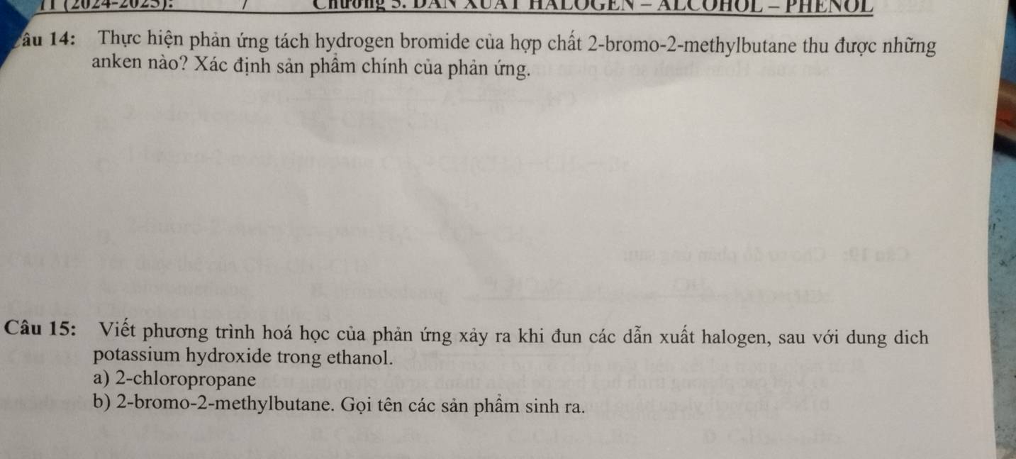 71 (2024-2025): CHNg S. DAN XUAT HALOGEN = ALCOHOL = PHENOL 
âu 14: Thực hiện phản ứng tách hydrogen bromide của hợp chất 2 -bromo-2-methylbutane thu được những 
anken nào? Xác định sản phầm chính của phản ứng. 
Câu 15: Viết phương trình hoá học của phản ứng xảy ra khi đun các dẫn xuất halogen, sau với dung dịch 
potassium hydroxide trong ethanol. 
a) 2 -chloropropane 
b) 2 -bromo- 2 -methylbutane. Gọi tên các sản phầm sinh ra.