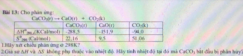 Cho phản ứng:
CaCO_3(r)to CaO(r)+CO_2(k)
1.Hãy xét chiều phản ứng ở 298K?
2Giả sử △ H và △ S không phụ thuộc vào nhiệt độ. Hãy tính nhiệt độ tại đó mà CaCO_3 bắt đầu bị phân hủy?