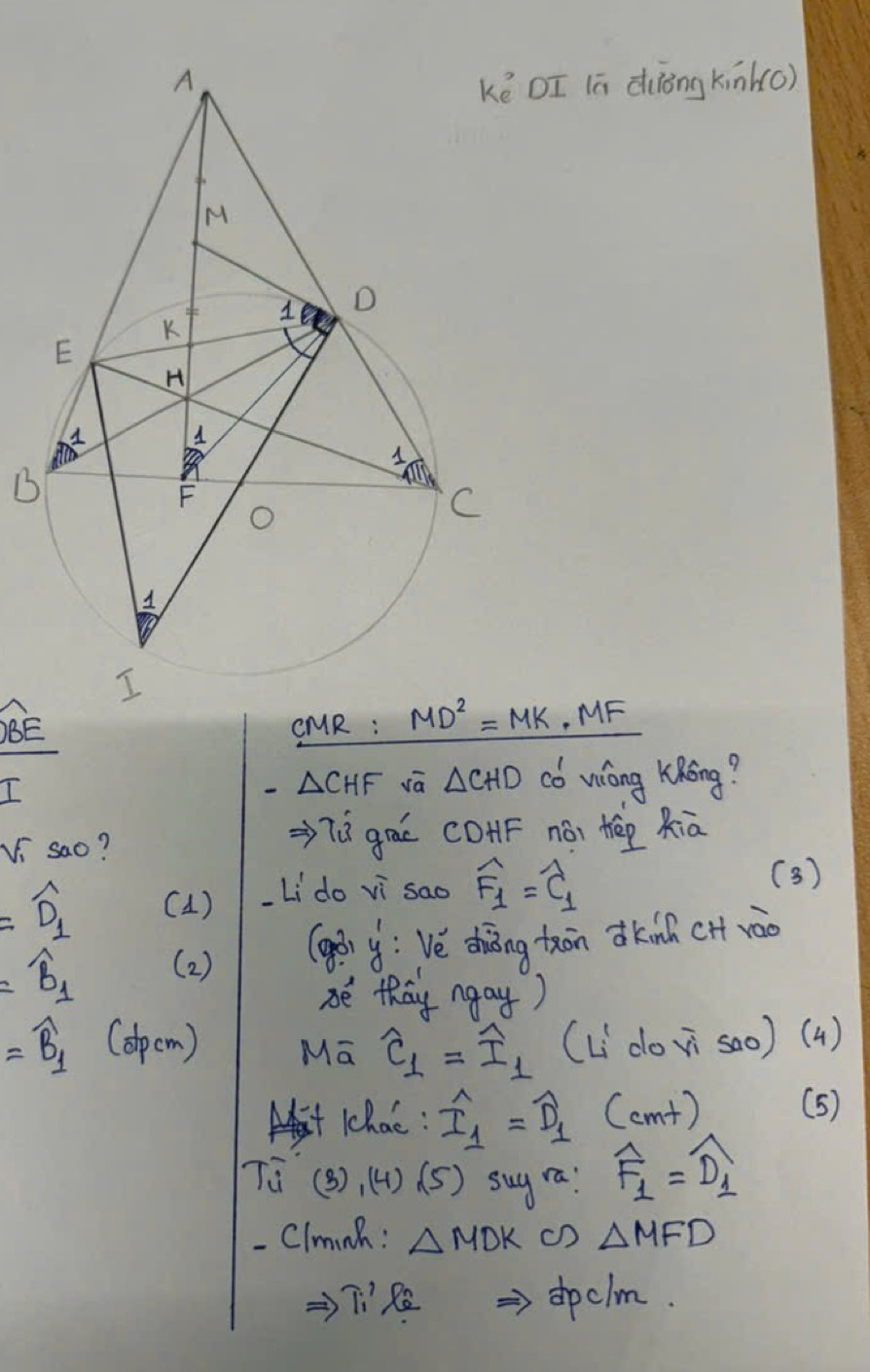 DI lā diōng kink(o)
B
3F CMR : MD^2=MK· MF
R
△ CHF jā △ CHD có wong KRěng?
Vi sao? => [è gāè COHF nói tāp Riā
=widehat D_1 ( 1) Li do vi sao widehat F_1=widehat C_1 (3)
=widehat b_1 (2) (gēn y: Vé zhāing tān dkinh (H yào
Be thay ngay)
=widehat B_1 (opem) Ma widehat C_1=widehat I_1 (Li dov sao)(4)
Whao : widehat I_1=widehat D_1 Cc m+1 (5)
(3), (4) (5) sug ra! widehat F_1=widehat D_1
- Cluminh: △ MDK (D △ MFD
T'ke spclm.