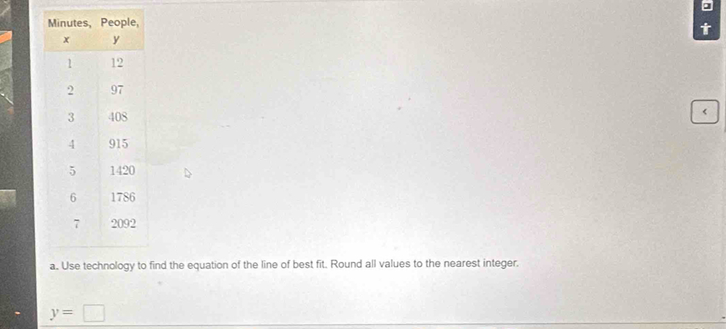 <
find the equation of the line of best fit. Round all values to the nearest integer.
 y=□