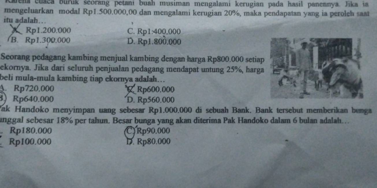 Kalena cuaca buruk seorang petani buah musiman mengalami kerugian pada hasil panennya. Jika ia
mengeluarkan modal Rp1.500.000,00 dan mengalami kerugian 20%, maka pendapatan yang ia perolch saat
itu adalah…
Rp1.200.000 C. Rp1:400.000
B. Rp1.300.000 D. Rp1.800.000
Seorang pedagang kambing menjual kambing dengan harga Rp800.000 setiap
ekornya. Jika dari seluruh penjualan pedagang mendapat untung 25%, harga
beli mula-mula kambing tiap ekornya adalah…
A. Rp720.000 C Rp600.000
3) Rp640.000 D. Rp560.000
Yak Handoko menyimpan uang sebesar Rp1.000.000 di sebuah Bank. Bank tersebut memberikan bunga
unggal sebesar 18% per tahun. Besar bunga yang akan diterima Pak Handoko dalam 6 bulan adalahı...
Rp180.000 C) Rp90.000
Rp100.000 D. Rp80.000