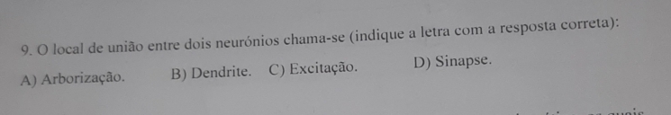 local de união entre dois neurónios chama-se (indique a letra com a resposta correta):
A) Arborização. B) Dendrite. C) Excitação. D) Sinapse.